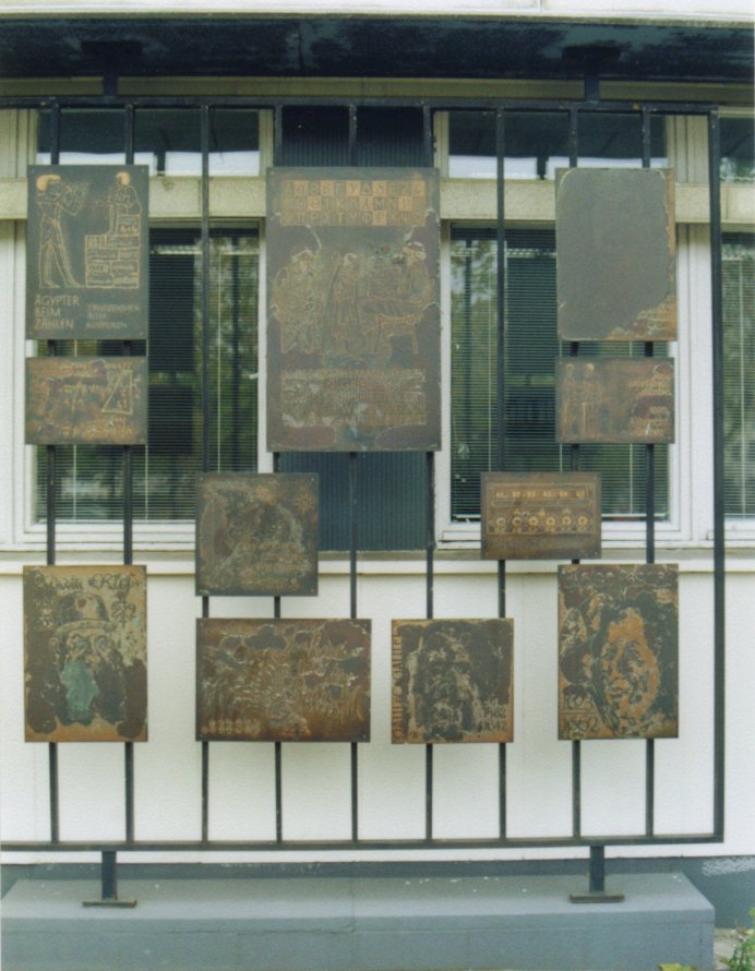 Kupfertafeln mit Bezug 
auf Albrecht Duerer, Galileo Galilei, Adam Riese, Blaise Pascal