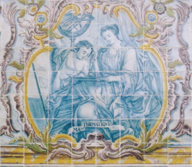 Ausschnitt des Kachelbildes, die Mathematik symbolisierend /
Central section of the tile picture symbolizing mathematics